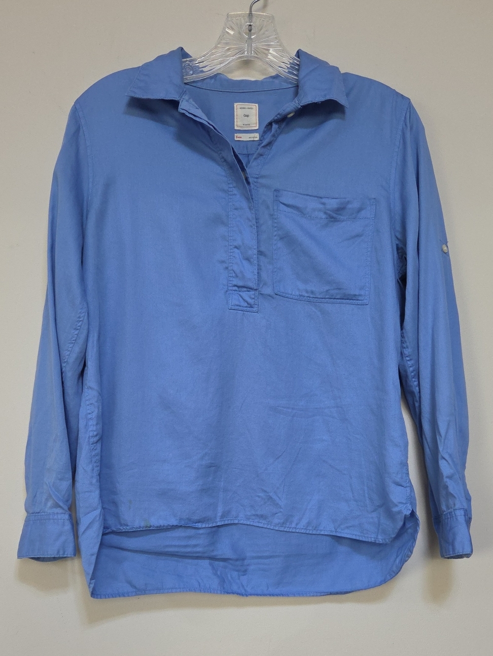 GAP Light Blue Cotton Pullover Roll-Tab Sleeve Pullover Shirt in Rain